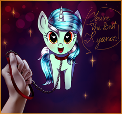 Size: 1830x1721 | Tagged: safe, artist:mite-lime, character:lyra heartstrings, oc, oc:anon, species:human, species:pony, species:unicorn, collar, dominant pov, female, hand, heart eyes, leash, mare, pet play, pony pet, wingding eyes