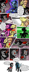 Size: 1250x3100 | Tagged: safe, artist:nancy-05, commissioner:bigonionbean, writer:bigonionbean, character:adagio dazzle, character:aria blaze, character:king sombra, character:nightmare moon, character:princess luna, character:queen chrysalis, character:sonata dusk, species:pony, species:siren, species:unicorn, comic:fusing the fusions, comic:time of the fusions, alicorn amulet, argument, chest, choking, clothing, comic, dialogue, draining, dungeon, evil planning in progress, female, gem, jewelry, mare, necklace, potion, prison, queen umbra, regalia, rule 63, semi-grimdark series, siren gem, spell, spirit, suggestive series, tartarus, the dazzlings, transformation, transgender transformation, wingless
