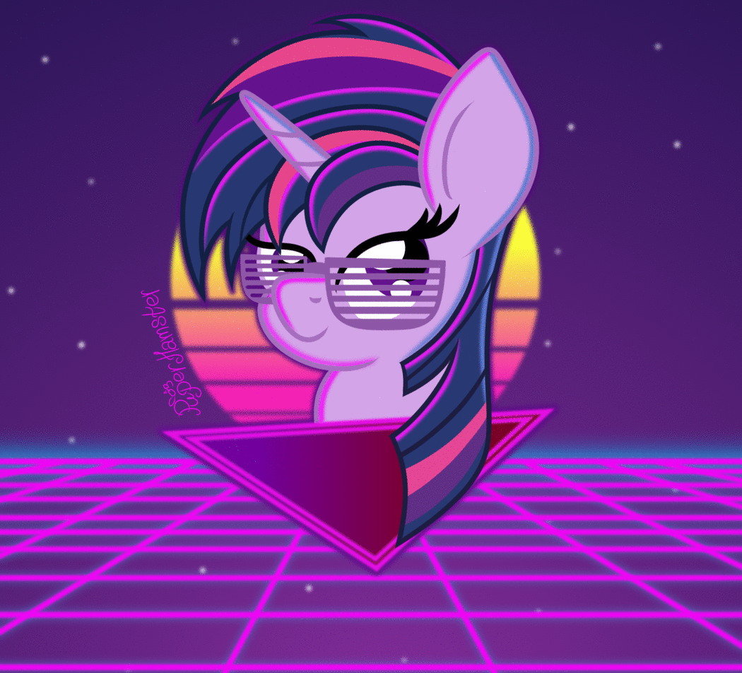 Size: 1050x952 | Tagged: safe, alternate version, artist:puperhamster, character:twilight sparkle, species:alicorn, species:pony, species:unicorn, alternate hairstyle, animated, bust, female, gif, glasses, punklight sparkle, retrowave, solo