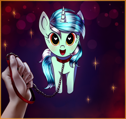 Size: 1830x1721 | Tagged: safe, alternate version, artist:mite-lime, character:lyra heartstrings, oc, oc:anon, species:pony, species:unicorn, collar, dominant pov, female, heart eyes, leash, mare, offscreen character, pet play, pony pet, wingding eyes