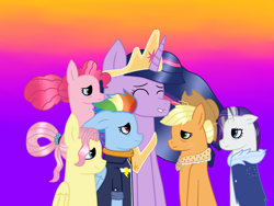 Size: 4160x3120 | Tagged: safe, artist:lightningbolt39, character:applejack, character:fluttershy, character:pinkie pie, character:rainbow dash, character:rarity, character:twilight sparkle, character:twilight sparkle (alicorn), species:alicorn, species:earth pony, species:pegasus, species:pony, species:unicorn, episode:the last problem, g4, my little pony: friendship is magic, alternate hairstyle, applejack's hat, clothing, coat, cowboy hat, crown, end of ponies, eyes closed, female, freckles, gradient background, hat, jewelry, mane six, mare, older, older applejack, older fluttershy, older mane six, older pinkie pie, older rainbow dash, older rarity, older twilight, princess twilight 2.0, regalia, shirt