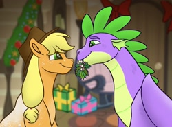 Size: 2516x1859 | Tagged: safe, artist:bellbell123, character:applejack, character:spike, species:dragon, species:earth pony, species:pony, ship:applespike, christmas, christmas tree, coat markings, cute, dappled, female, holiday, looking at each other, male, mare, mistletoe, mouth hold, older, older spike, present, profile, shipping, straight, tree, winged spike