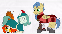 Size: 4460x2480 | Tagged: safe, artist:minus, derpibooru original, oc, oc only, oc:emerald jewel, oc:pipadeaxkor, oc:skylight, species:earth pony, species:pegasus, species:pony, :i, belt, bracer, cape, clothing, colored, colt, colt quest, crossdressing, daybreak island, demon, drawing, dress, feather, female, fire, foal, folded wings, grin, hat, hiding, looking down, looking up, male, medallion, nervous, on fire, order of the arrow, pouch, secret santa, shoes, simple background, smiling, socks, stallion, sweat, traditional art, white background, wings