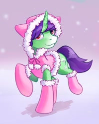 Size: 1024x1286 | Tagged: safe, artist:replacer808, oc, oc only, oc:crescent star, species:crystal pony, species:pony, species:unicorn, clothing, crystal unicorn, fuzzy balls, happy, hoodie, outfit, sissy, snow, snowflake, socks, solo, winter outfit