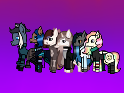 Size: 2048x1536 | Tagged: safe, artist:lightningbolt39, oc, oc only, oc:cheery candy, oc:cut crease, oc:ember arrow, oc:goth mocha, oc:sidewinder, oc:tough cookie (ice1517), species:earth pony, species:lamia, species:pegasus, species:pony, species:unicorn, anklet, armor, bone, boots, bow, bracelet, cheerycookie, choker, clothes swap, clothing, colored sclera, ear piercing, earring, fans, fedora, female, flats, freckles, gloves, gradient background, hair bow, hat, hoodie, jacket, jewelry, leather jacket, lesbian, lip piercing, lipstick, makeup, mare, multicolored hair, oc x oc, original species, pants, piercing, rainbow hair, rainbow socks, shipping, shirt, shoes, skirt, skull, snake pony, socks, stockings, striped socks, sweater, t-shirt, thigh highs, wall of tags, wristband