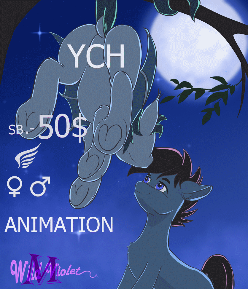 Size: 836x975 | Tagged: safe, artist:wildviolet-m, oc, species:bat pony, species:pony, advertisement, animated, auction, bat pony oc, couple, frame by frame, gif, moon, moonlight, smooch, ych animation, ych example, ych sketch, your character here