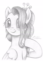 Size: 1920x2748 | Tagged: safe, artist:flutterstormreturns, character:fluttershy, species:pegasus, species:pony, episode:the last problem, g4, my little pony: friendship is magic, bust, female, folded wings, grayscale, hair over one eye, hoof on chest, looking at you, mare, monochrome, older, older fluttershy, pencil drawing, portrait, raised hoof, simple background, smiling, solo, three quarter view, traditional art, white background, wings