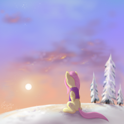 Size: 2666x2666 | Tagged: safe, artist:flutterstormreturns, character:fluttershy, species:pegasus, species:pony, bottomless, clothing, dawn, facing away, female, folded wings, looking away, mare, outdoors, partial nudity, sitting, sky, snow, solo, sweater, sweatershy, tree, wings, winter