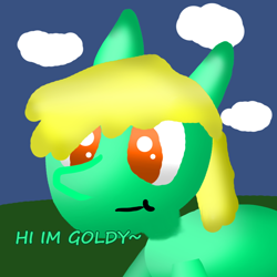 Size: 1000x1000 | Tagged: safe, artist:artdbait, oc, oc:goldy, species:earth pony, species:pony, series:goldy and hazard, amber eyes, cloud, female, green fur, introduction, mare, simple background, simple shading, smiling, solo, yellow mane