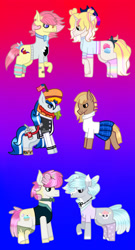 Size: 2032x3776 | Tagged: safe, artist:lightningbolt39, oc, oc only, oc:balmoral, oc:patty (ice1517), oc:puffy frosting, oc:shiny apple (ice1517), oc:soda frosting, oc:strawberry swirls (ice1517), species:earth pony, species:pony, species:unicorn, american flag, bag, bandaid, blouse, bow tie, burger, clothes swap, clothing, converse, cowboy hat, female, flag, food, freckles, hat, jersey, legwarmers, lesbian, mare, markings, nose piercing, nose ring, oc x oc, open mouth, piercing, plaid skirt, pleated skirt, rainbow socks, shipping, shirt, shoes, skirt, socks, soda, striped socks, sweater, t-shirt, tail wrap, vest