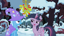 Size: 1280x720 | Tagged: safe, artist:quasdar, character:mean twilight sparkle, character:trixie, character:twilight sparkle, ship:twixie, episode:the mean 6, g4, my little pony: friendship is magic, christmas, female, holiday, lesbian, mean twixie, mistleholly, shipping, snow