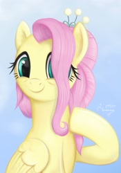 Size: 1920x2748 | Tagged: safe, artist:flutterstormreturns, character:fluttershy, species:pegasus, species:pony, episode:the last problem, g4, my little pony: friendship is magic, bust, colored, cute, female, folded wings, gradient background, hair over one eye, hoof on chest, looking at you, mare, older, older fluttershy, portrait, raised hoof, shyabetes, smiling, solo, three quarter view, wings