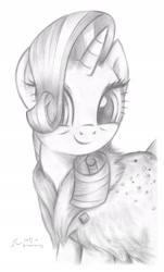 Size: 1280x2115 | Tagged: safe, artist:flutterstormreturns, character:rarity, species:pony, species:unicorn, episode:the last problem, g4, my little pony: friendship is magic, bust, clothing, female, grayscale, hair over one eye, head turn, looking at you, mare, monochrome, older, older rarity, pencil drawing, portrait, signature, simple background, smiling, solo, three quarter view, traditional art, white background