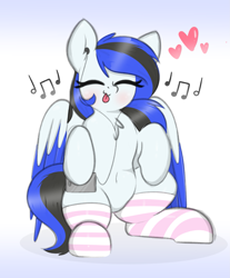 Size: 1751x2113 | Tagged: safe, artist:itsmeelement, oc, oc only, oc:black ice, species:pegasus, species:pony, belly button, chest fluff, clothing, cute, ear fluff, eyes closed, female, headphones, heart, mare, music notes, simple background, sitting, socks, solo, striped socks, tongue out