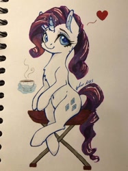 Size: 632x843 | Tagged: safe, artist:galinn-arts, character:rarity, species:pony, species:unicorn, belly button, chest fluff, coffee, crossed legs, cute, ear fluff, sitting, smiling, traditional art