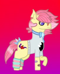 Size: 1000x1232 | Tagged: safe, artist:lightningbolt39, oc, oc only, oc:shiny apple (ice1517), species:earth pony, species:pony, bandaid, blouse, bow tie, clothes swap, female, freckles, gradient background, leg warmers, mare, raised hoof, solo, tail wrap