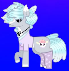 Size: 1080x1116 | Tagged: safe, artist:lightningbolt39, oc, oc only, oc:puffy frosting, species:pony, species:unicorn, blue background, clothes swap, clothing, female, mare, nose piercing, nose ring, piercing, raised hoof, shirt, simple background, socks, solo, t-shirt