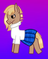 Size: 872x1056 | Tagged: safe, artist:lightningbolt39, oc, oc only, oc:patty (ice1517), species:earth pony, species:pony, clothes swap, clothing, female, gradient background, mare, plaid skirt, pleated skirt, skirt, solo, sweater