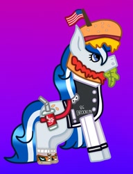 Size: 928x1208 | Tagged: safe, artist:lightningbolt39, oc, oc only, oc:balmoral, species:pony, species:unicorn, :o, american flag, bag, burger, clothes swap, clothing, converse, flag, food, gradient background, hat, jersey, ketchup, lettuce, mustard, open mouth, sauce, scotland, shoes, socks, soda, solo, tomato
