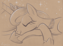 Size: 4440x3284 | Tagged: safe, artist:flutterstormreturns, character:princess luna, absurd resolution, brown background, bust, crossed hooves, crown, cute, female, hoof shoes, jewelry, lunabetes, regalia, signature, simple background, sleeping, smiling, solo, stars, traditional art