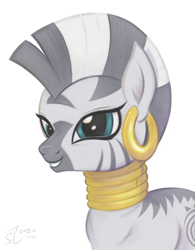 Size: 3256x4184 | Tagged: safe, artist:flutterstormreturns, character:zecora, species:zebra, bust, ear piercing, earring, female, jewelry, neck rings, piercing, portrait, signature, simple background, smiling, solo, traditional art, white background