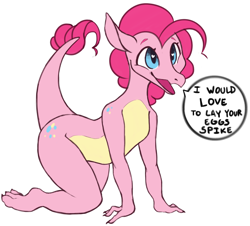 Size: 2450x2215 | Tagged: safe, artist:slimeprnicess, character:pinkie pie, species:dragon, /mlp/, 4chan, dialogue, dragonified, drawthread, female, heart eyes, implied impregnation, implied pinkiespike, implied shipping, implied spike, implied straight, pinkiedragon, simple background, soliciting, solo, species swap, speech bubble, text, white background, wingding eyes