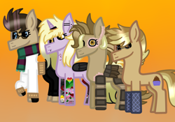 Size: 1000x700 | Tagged: safe, artist:lightningbolt39, character:dinky hooves, oc, oc:clockwork (ice1517), oc:time liz, oc:tinker (ice1517), parent:derpy hooves, parent:doctor whooves, parents:doctorderpy, species:earth pony, species:pegasus, species:pony, species:unicorn, icey-verse, amputee, artificial wings, augmented, aunt and nephew, aunt and niece, biohacking, clothing, cyborg, ear piercing, earring, female, fingerless gloves, glasses, gloves, horn, horn ring, jeans, jewelry, lip piercing, male, mare, nose piercing, offspring, oven mitts, pants, piercing, prosthetic limb, prosthetic wing, prosthetics, raised hoof, scarf, stallion, sweater, tattoo, wings