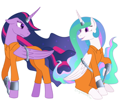Size: 1300x1100 | Tagged: safe, artist:enigmadoodles, character:princess celestia, character:twilight sparkle, character:twilight sparkle (alicorn), species:alicorn, species:pony, episode:the last problem, g4, my little pony: friendship is magic, bound wings, clothing, cuffs, female, horn, horn ring, magic suppression, mare, princess twilight 2.0, prison outfit, prisoner, prisoner ts, simple background, white background, wings
