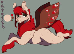Size: 2252x1646 | Tagged: safe, artist:slimeprnicess, oc, oc only, oc:paprika, species:mothpony, color palette, moth, moth wings, original species, prone, reference sheet, solo, text, wings