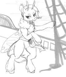Size: 2101x2450 | Tagged: safe, artist:slimeprnicess, oc, oc only, oc:caja, species:mothpony, bipedal, clothing, monochrome, moth, moth wings, original species, ship, simple background, sketch, solo, water, white background, wings