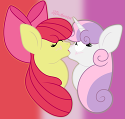 Size: 1461x1389 | Tagged: safe, artist:puperhamster, character:apple bloom, character:sweetie belle, species:earth pony, species:pony, species:unicorn, ship:sweetiebloom, blushing, bust, female, kissing, lesbian, shipping
