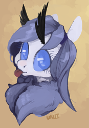 Size: 1005x1442 | Tagged: safe, artist:slimeprnicess, oc, oc only, species:mothpony, blep, bust, insect, moth, original species, simple background, solo, tongue out, yellow background