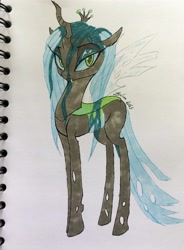 Size: 2818x3821 | Tagged: dead source, safe, artist:galinn-arts, character:queen chrysalis, species:changeling, changeling queen, cute, cutealis, eyeshadow, female, looking at you, makeup, solo, traditional art