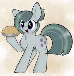 Size: 3334x3451 | Tagged: safe, artist:itsmeelement, character:marble pie, species:earth pony, species:pony, alternate hairstyle, chest fluff, cute, ear fluff, female, food, hair bun, high res, marblebetes, mare, open mouth, pie, solo