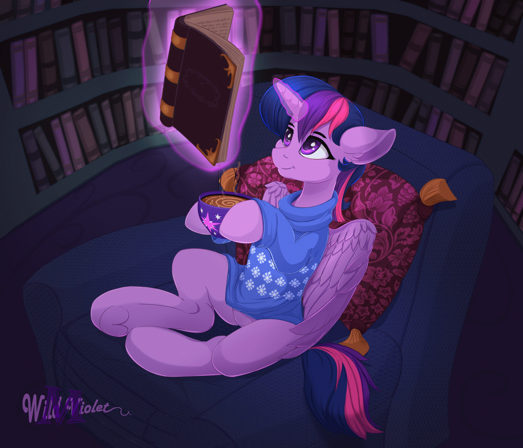 Size: 1700x1457 | Tagged: safe, artist:wildviolet-m, character:twilight sparkle, character:twilight sparkle (alicorn), species:alicorn, species:pony, animated, book, bookshelf, clothing, cute, ear fluff, female, food, frog (hoof), gif, hoof hold, hoofbutt, library, magic, mare, reading, sitting, solo, soup, sweater, tail wag, telekinesis, twiabetes, underhoof