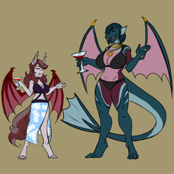 Size: 2160x2160 | Tagged: safe, artist:burningsnowflakeproductions, oc, oc:emerald sea, oc:scarlet quill, species:anthro, species:bat pony, species:digitigrade anthro, species:dragon, species:pony, species:unguligrade anthro, bat pony oc, big breasts, bikini, bikini top, breasts, clothing, colored sketch, conversation, digital art, dragon oc, dragoness, eyes closed, female, friends, glass, laughing, mare, milf, ring, simple background, smiling, swimsuit, wedding ring, wine glass