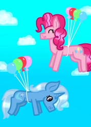 Size: 400x560 | Tagged: safe, artist:lightningbolt39, character:pinkie pie, character:trixie, species:earth pony, species:pony, species:unicorn, ship:trixiepie, balloon, female, flying, lesbian, shipping