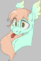 Size: 1489x2213 | Tagged: safe, artist:slimeprnicess, oc, oc only, oc:searchlight, species:pegasus, species:pony, bust, chest fluff, gray background, pale color, simple background, soft color, solo, tongue out