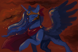 Size: 3790x2557 | Tagged: safe, artist:slimeprnicess, character:princess luna, species:alicorn, species:pony, /mlp/, 4chan, abstract background, armor, athena, cape, clothing, crown, drawthread, female, greek mythology, jewelry, mare, regalia, request, solo, spread wings, wings