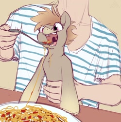 Size: 1137x1143 | Tagged: safe, artist:elicitie, oc, oc only, oc:cookie malou, species:earth pony, species:human, species:pony, eating, food, holding a pony, pasta, ponified animal photo, spaghetti, uvula