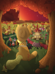 Size: 4000x5333 | Tagged: safe, artist:sol-r, character:applejack, species:pony, episode:the last problem, g4, my little pony: friendship is magic, absurd resolution, canterlot, clothing, facing away, female, granny smith's scarf, older, older applejack, ponyville, ponyville town hall, rear view, scarf, sitting, solo, tree, windmill