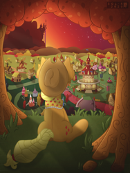 Size: 4000x5333 | Tagged: safe, alternate version, artist:sol-r, character:applejack, episode:the last problem, g4, my little pony: friendship is magic, absurd resolution, canterlot, clothing, end of ponies, facing away, female, granny smith's scarf, older, older applejack, ponyville, ponyville town hall, rear view, scarf, sitting, solo, tree, windmill