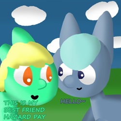 Size: 1000x1000 | Tagged: safe, artist:artdbait, oc, oc:goldy, oc:hazard pay, species:earth pony, species:pony, series:goldy and hazard, amber eyes, best friends, cloud, female, green fur, hello, introduction, light blue hair, mare, simple background, simple shading, smiling, solo, yellow mane