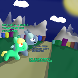 Size: 1000x1000 | Tagged: safe, artist:artdbait, oc, oc:goldy, oc:hazard pay, species:earth pony, species:pony, series:goldy and hazard, amber eyes, best friends, blue eyes, city, cityscape, cloud, female, green fur, happy, i just don't know what went wrong, introduction, light blue hair, mare, mountain, road, simple background, simple shading, smiling, sun, yellow mane