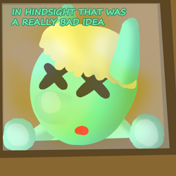 Size: 1000x1000 | Tagged: safe, artist:artdbait, oc, oc:goldy, species:earth pony, species:pony, series:goldy and hazard, against glass, blind, female, filly, glass, green fur, hindsight, simple background, simple shading, solo, sunrise, unhappy, window, x eyes, yellow mane