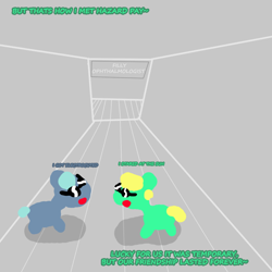 Size: 1000x1000 | Tagged: safe, artist:artdbait, oc, oc:goldy, oc:hazard pay, species:earth pony, species:pony, series:goldy and hazard, asdfmovie, best friends, blue eyes, bonding, female, foal, green fur, mare, simple background, simple shading, smiling, solo, yellow mane
