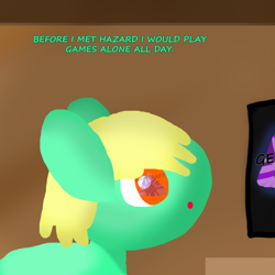 Size: 1000x1000 | Tagged: safe, artist:artdbait, oc, oc:goldy, species:earth pony, species:pony, series:goldy and hazard, amber eyes, excited, green fur, simple background, simple shading, solo, television, video game, yellow mane