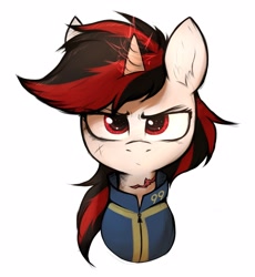 Size: 1987x2160 | Tagged: safe, artist:tatykin, oc, oc only, oc:blackjack, species:pony, species:unicorn, fallout equestria, fallout equestria: project horizons, clothing, fanfic, fanfic art, female, horn, looking at you, magic, magic aura, mare, scar, shooty look, simple background, solo, two toned mane, vault security armor, vault suit, white background
