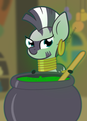 Size: 1425x1976 | Tagged: safe, artist:puperhamster, character:zecora, species:zebra, cauldron, female, looking at you, potion, solo, zecora's hut