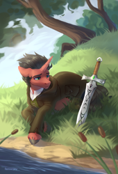 Size: 1800x2640 | Tagged: safe, artist:fenwaru, oc, oc only, species:pony, species:unicorn, clothing, jacket, looking at something, prone, runes, solo, sword, tree, water, weapon